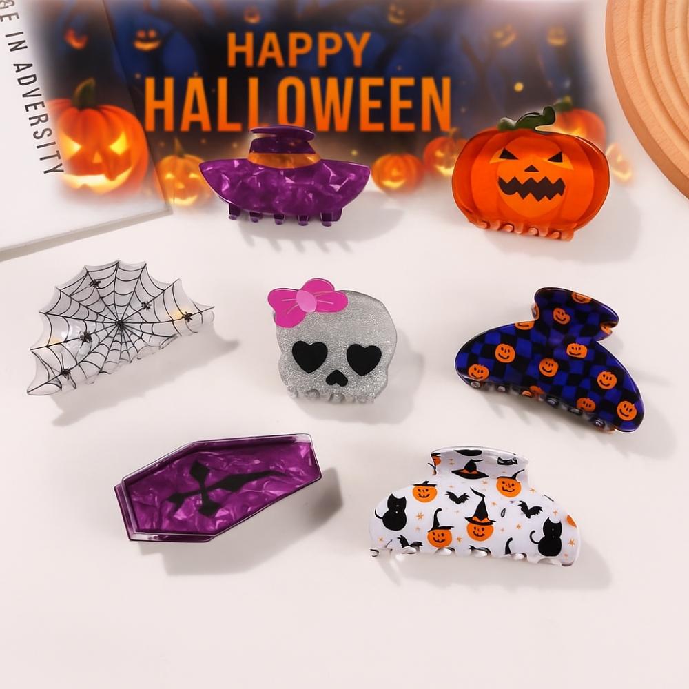 PVC Pumpkin Themed Gripper Spider Skeleton Shark Clip Headwear Halloween Hair Claw  Girls