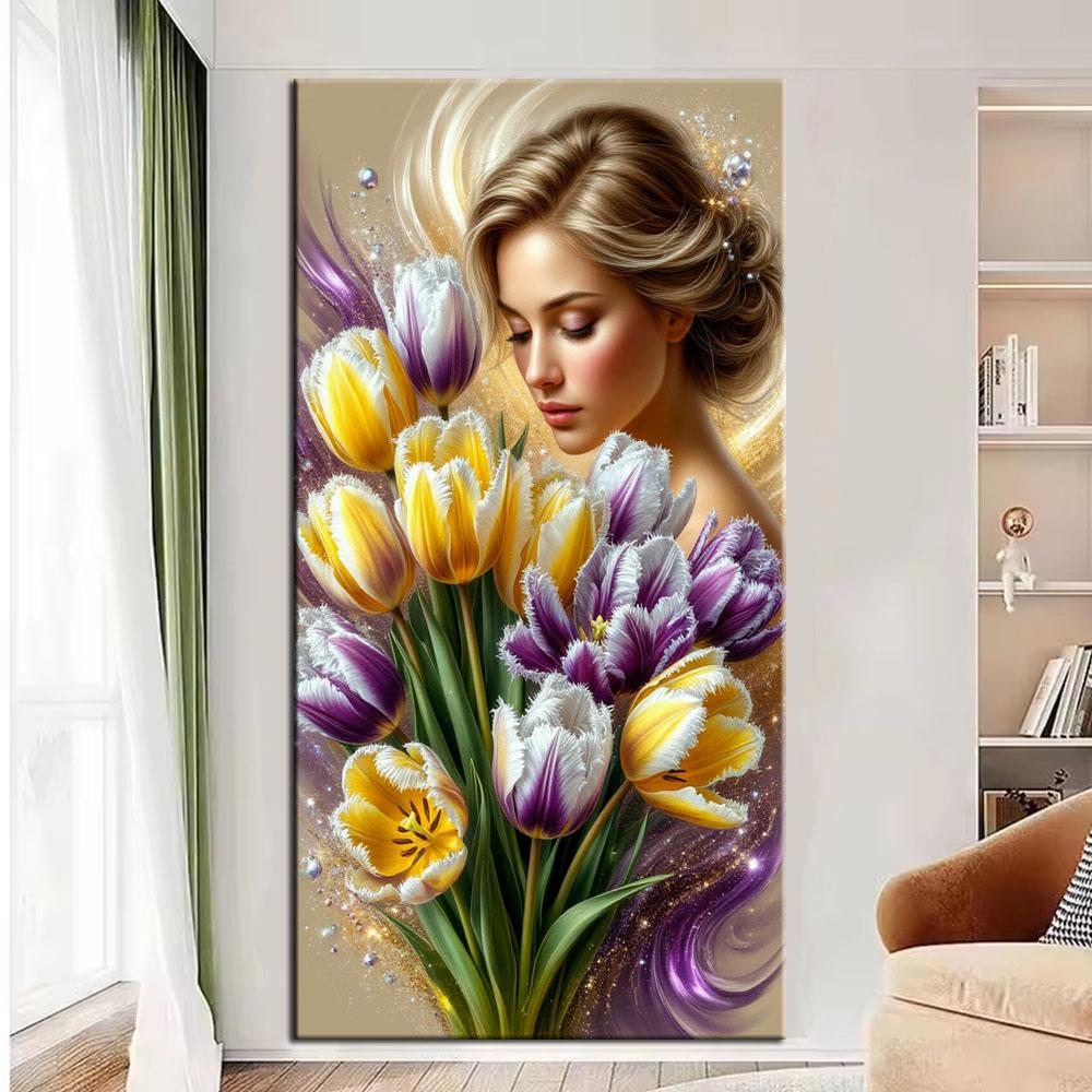 Beautiful Girl and Tulip Flowers DIY Diamond Painting Cross Stitch Full Drills Diamond Mosaic New Collection Home Decor