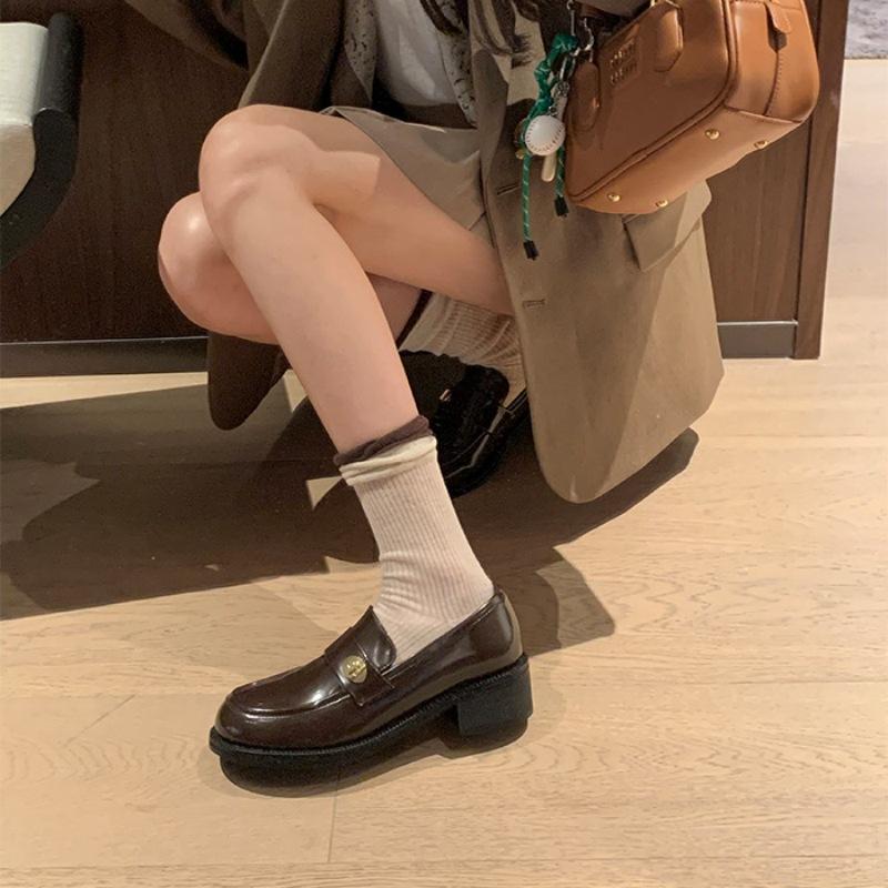 Schafsleder-Version~ Echtes Leder vielseitige runde Spitze goldene Schnalle ein Pedal dicker Absatz kleine Lederschuhe Damen Herbst Plateau einzelne Schuhe