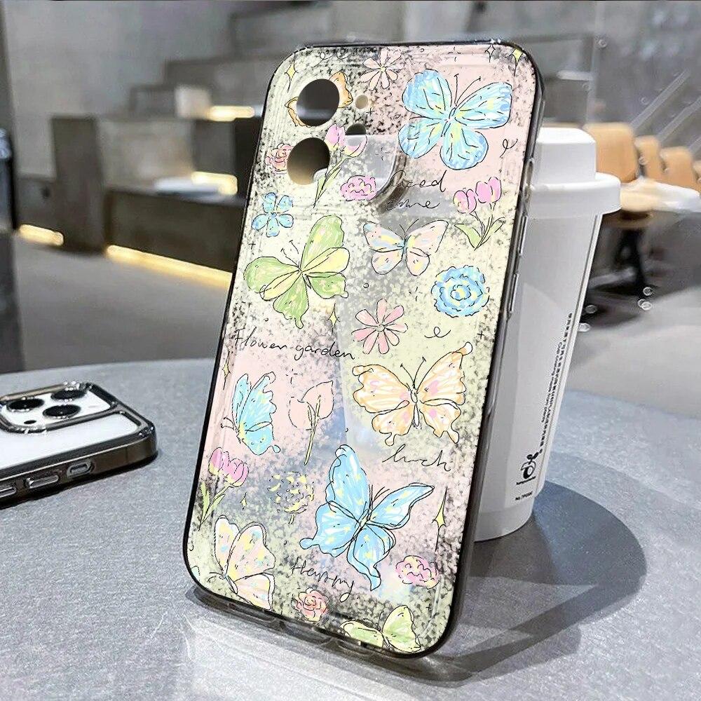 Clear Phone Case For iPhone 15 Pro Max Case iPhone 11 12 13 14 Pro XS Max XR X 7 8 15 Plus SE 2020 INS Butterfly Flower Cover