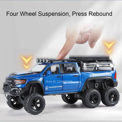 1:32 Go de RAM 1500 Tyrannosaure Rex Modèle de Voiture Jouet Absorption des Chocs Son Lumière Tirer en Arrière Véhicules Tout-Terrain 6x6 Cadeaux de Vacances