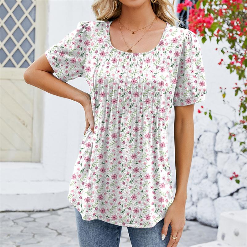 Spring Summer Pleated T Shirts Solid Color Women's Top Fashion O Neck Short Sleeve T-shirt