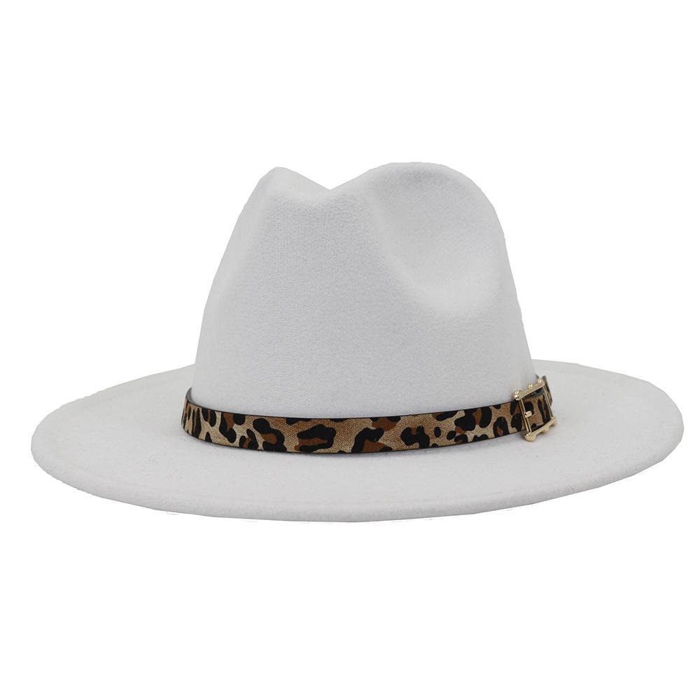 19 Color Women'S Wide Brim Felt Fedora Panama Hat With Leopard Belt Buckle Party Trilby Cowboy Hat Fashion Jazz Cap