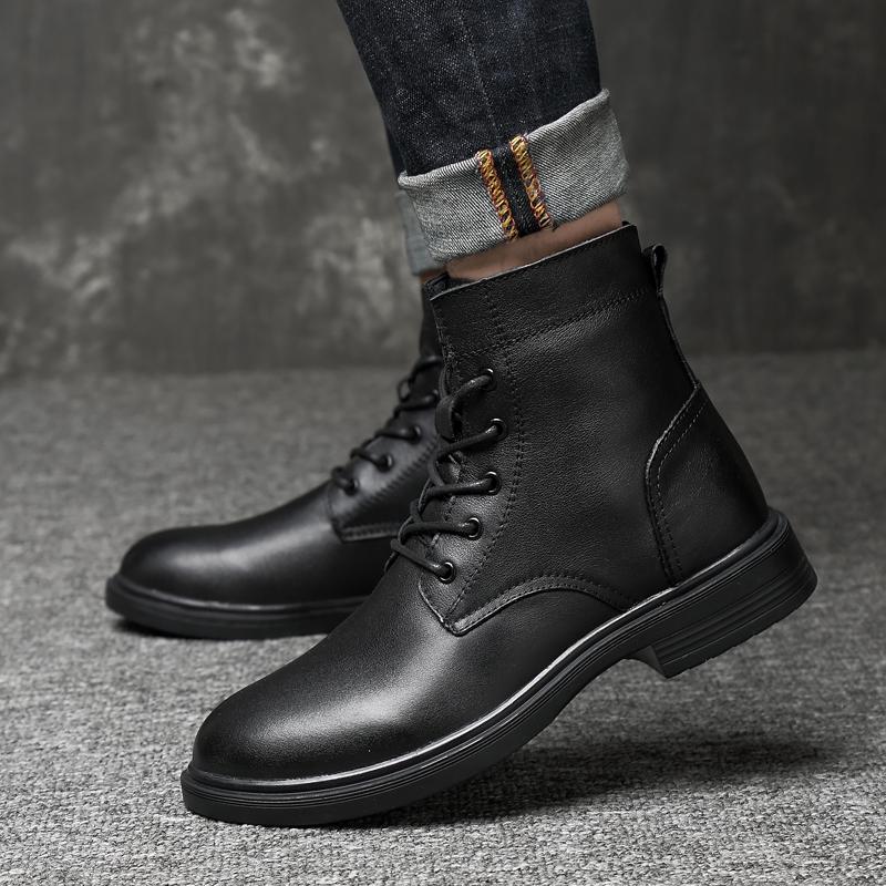 Mode Herrenschuh Echtes Leder Herren High Top Schuhe Schnürschuhe Herren Winter Plüsch Schneestiefel Männlich Bequeme Sneaker Motorradstiefel Herren