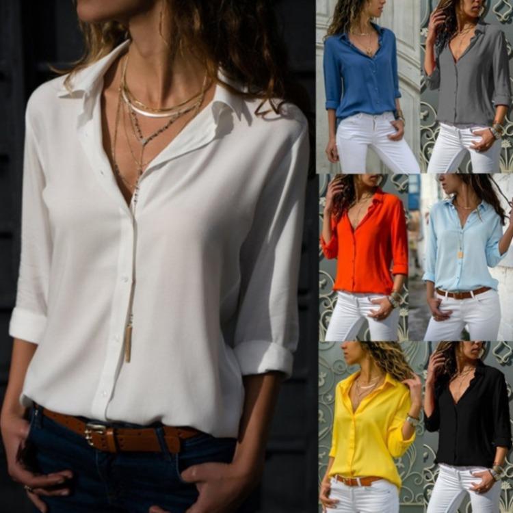

Women s Autumn/Winter Deep V Buttoned Chiffon Shirt - Long Sleeve, Hot Sale Small синий