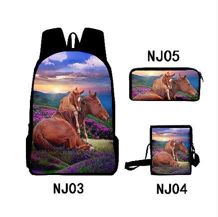 Grasland Pferdemuster dreiteiliges Rucksack-Federmäppchen-Umhängetaschen-Set lässig 3D-bedrucktes Rucksack-Set