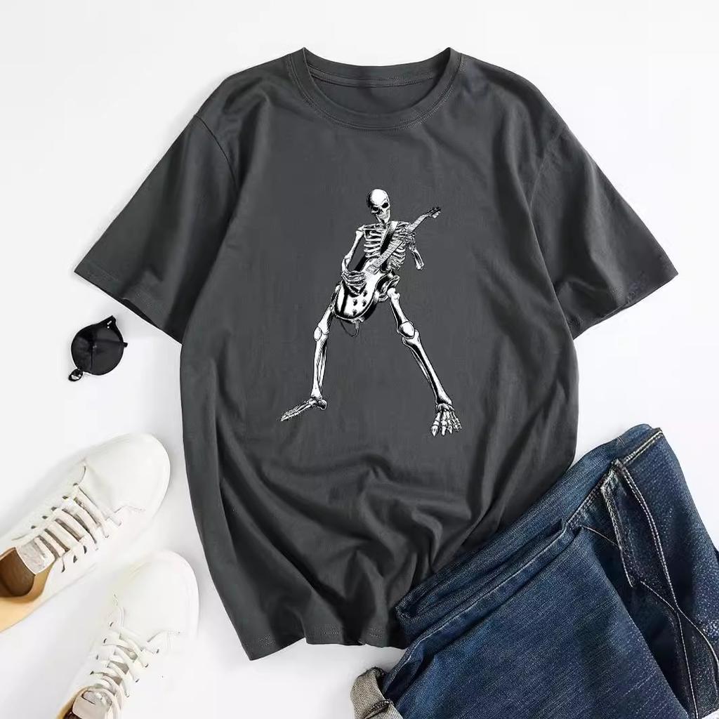 Cotton T-Shirt Short Sleeve Round Neck Men Skelleton 2d Print Tops