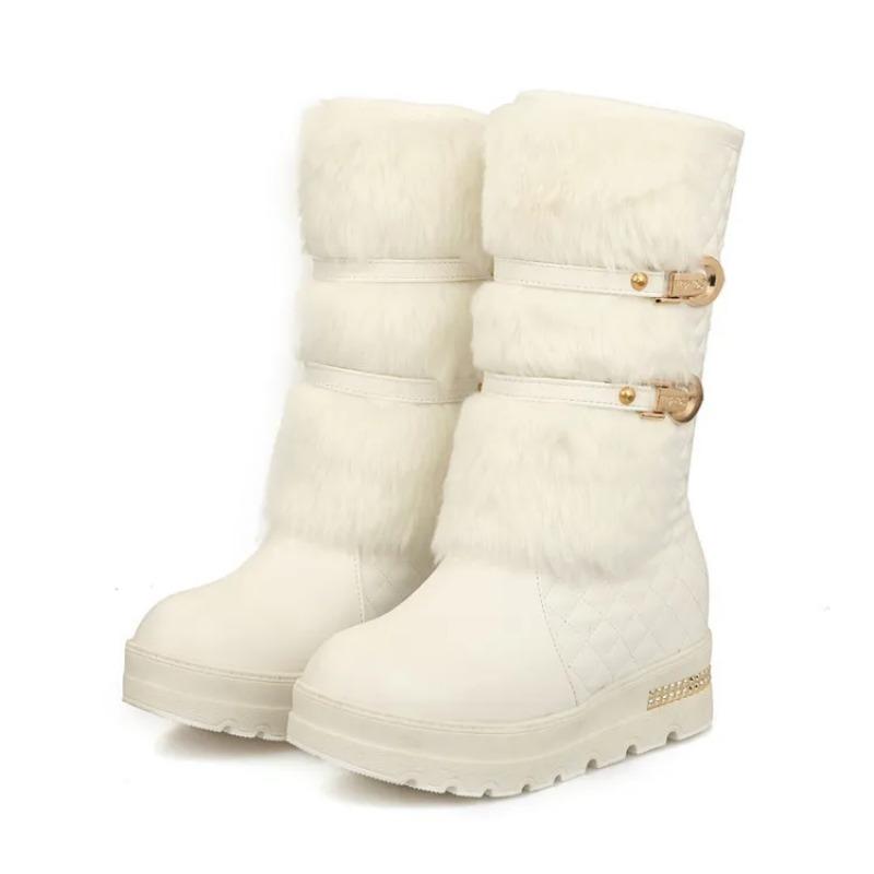 European American Design Style Mid Length Women's Boots 2024 Winter Thickened Cotton Shoe Platform Women's Leather Boots Botas