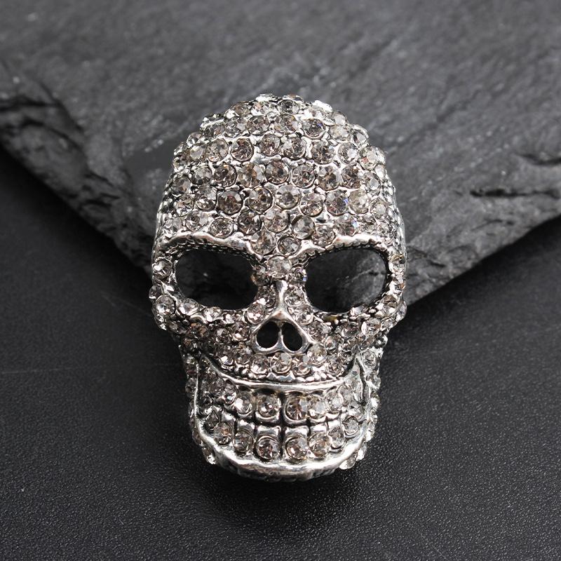 Silver Rhinestone Skull Brooch, Gothic Punk Statement Pin for Halloween & Daily Wear