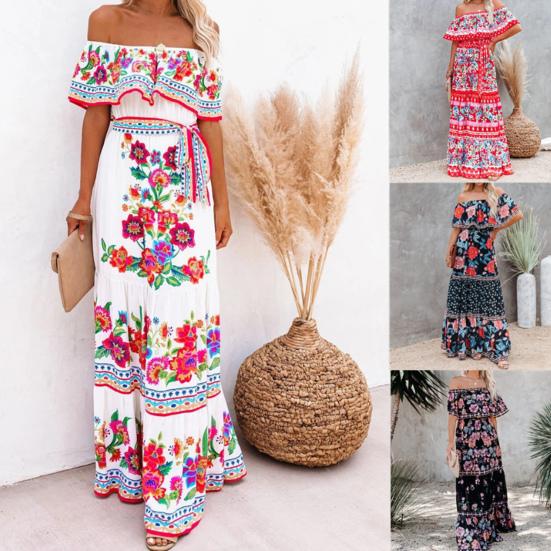 Women Dress Floral Print Off Shoulder Temperament Strapless Slim-fitting Sundress for Party