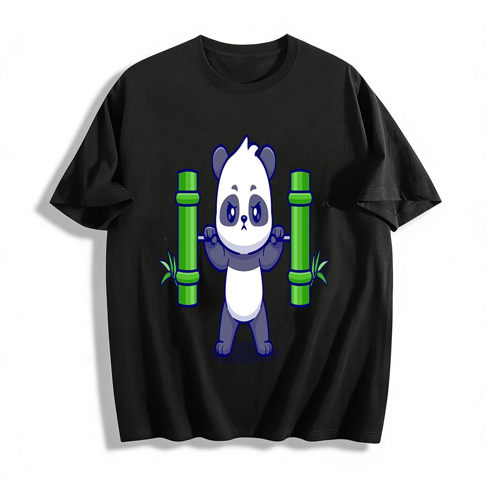 Cute Panda Lifting Bamboo Fitness Print Casual T-Shirt Pure cotton T-shirt XXS