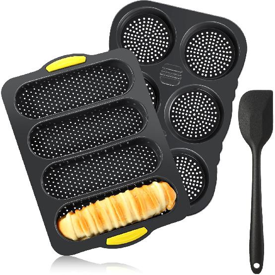 Set of 3 Silicone Baguette Pan and Hamburger Bun Pan Set with Spatula Nonstick 4 Wave Baguette Baking Tray 6 Cup Hamburger Bun Mold for Homemade