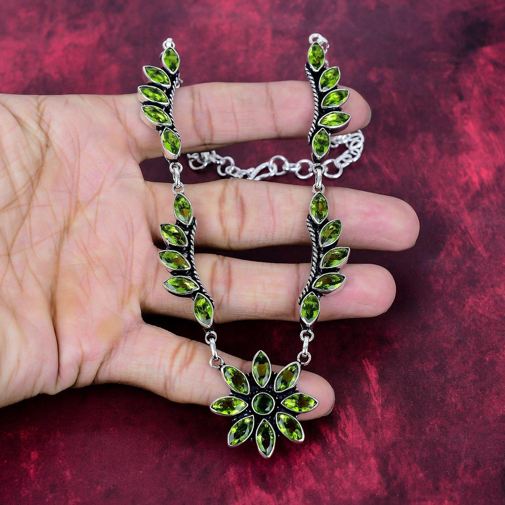 Peridot Handgefertigte Edelstein Halskette, 925 Massiv Sterling Silber Halskette Antiker Schmuck, Als Verlobungsgeschenk