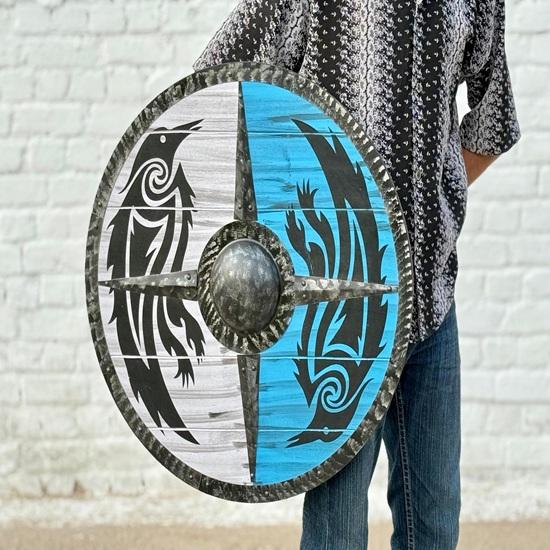 60.96 Cm Handmade Viking Wooden Shield with Tribal Raven Design Blue White Round LARP Shield Norse Cosplay Prop Wall Decor Gift
