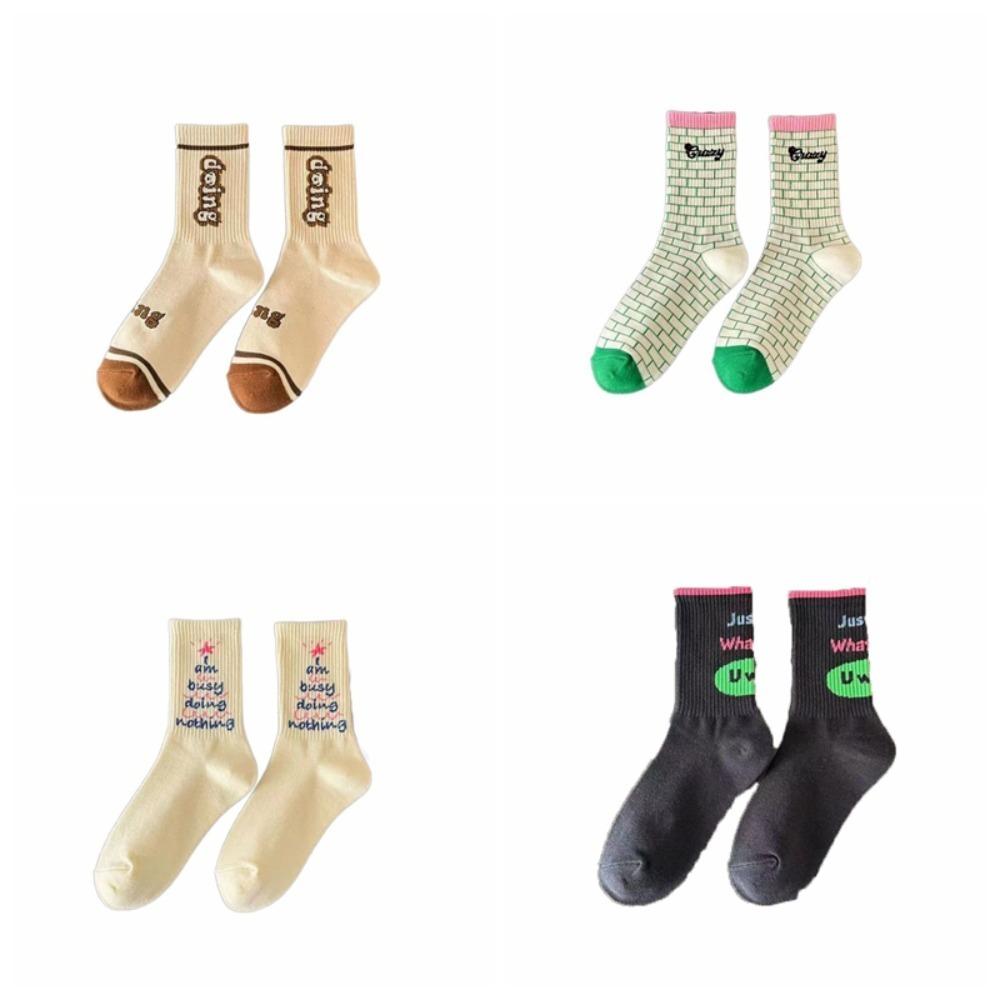 4Pairs Mid Tube Letter Printed Socks Kawaii Socks Women Casual Retro Lattice Socks  Girl