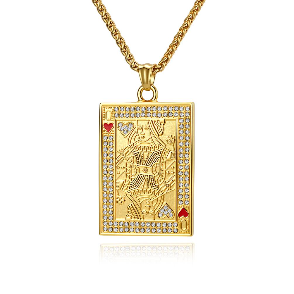 Popular Hip Hop Full Diamond Playing Cards Hearts K Pendant Titanium Steel Gold Plated Couple Necklace Niche Trend