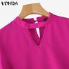 VONDA Women Fashion Stand Collar Long Sleeve Solid Color Blouses