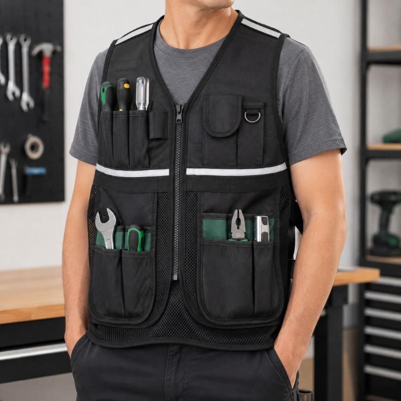 Multi-Pocket Utility Vest With Reflective Trim and Adjustable Side Bands for Keeping Common Work Items Close During Maintenance and Installation Tasks