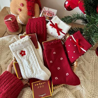 Kaschmirsocken, Damen Große Rote Socken, Neujahrssocken, Schleife Tupfen Kleine Blume Rote Frotteesocken