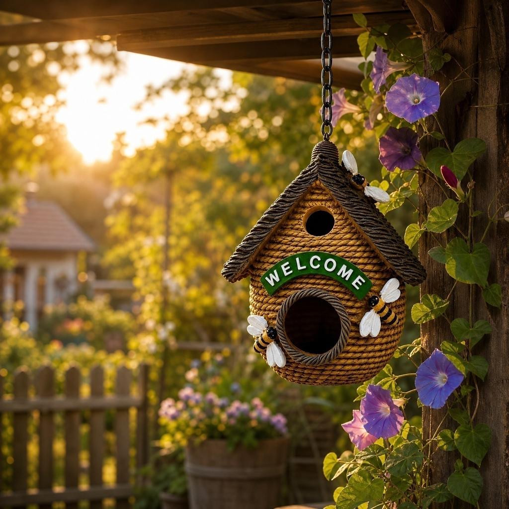 Outdoor Hanging Birdhouse with Hand-Painted Resin Bees Rustic Style Bird Nesting Box for Garden Patio Porch Decoration