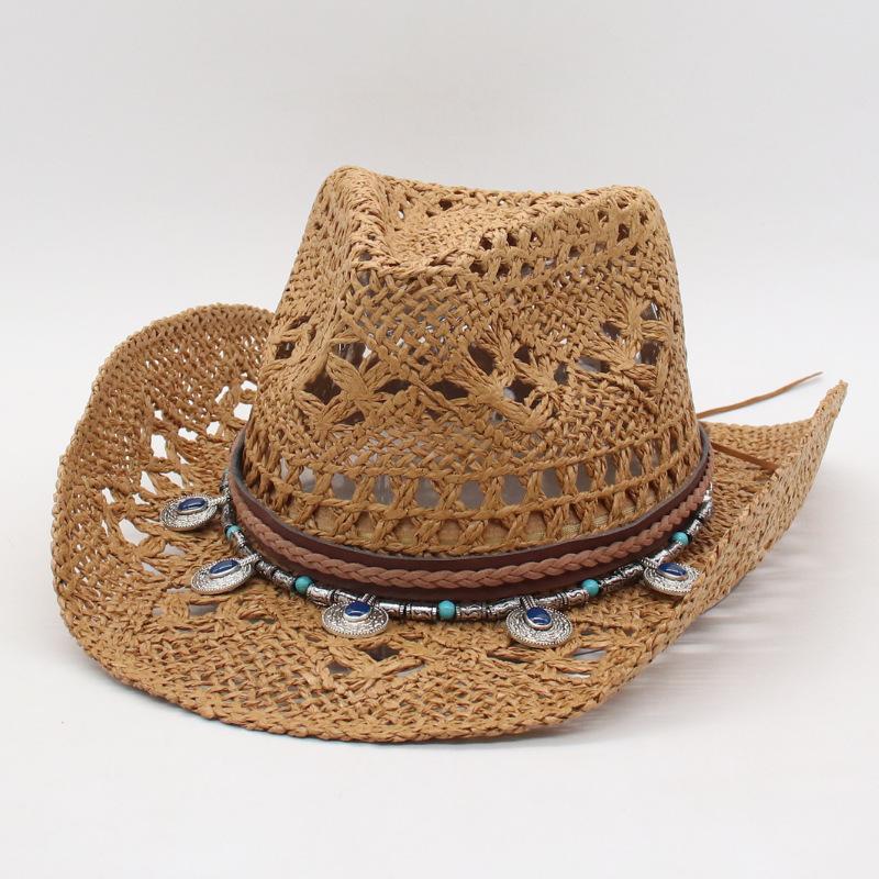 Spring And Summer New Hollow Cowboy Hat American Warped Edge Foreign Trade Hand-Woven Natural Grass Breathable Cool Jazz Top Hat