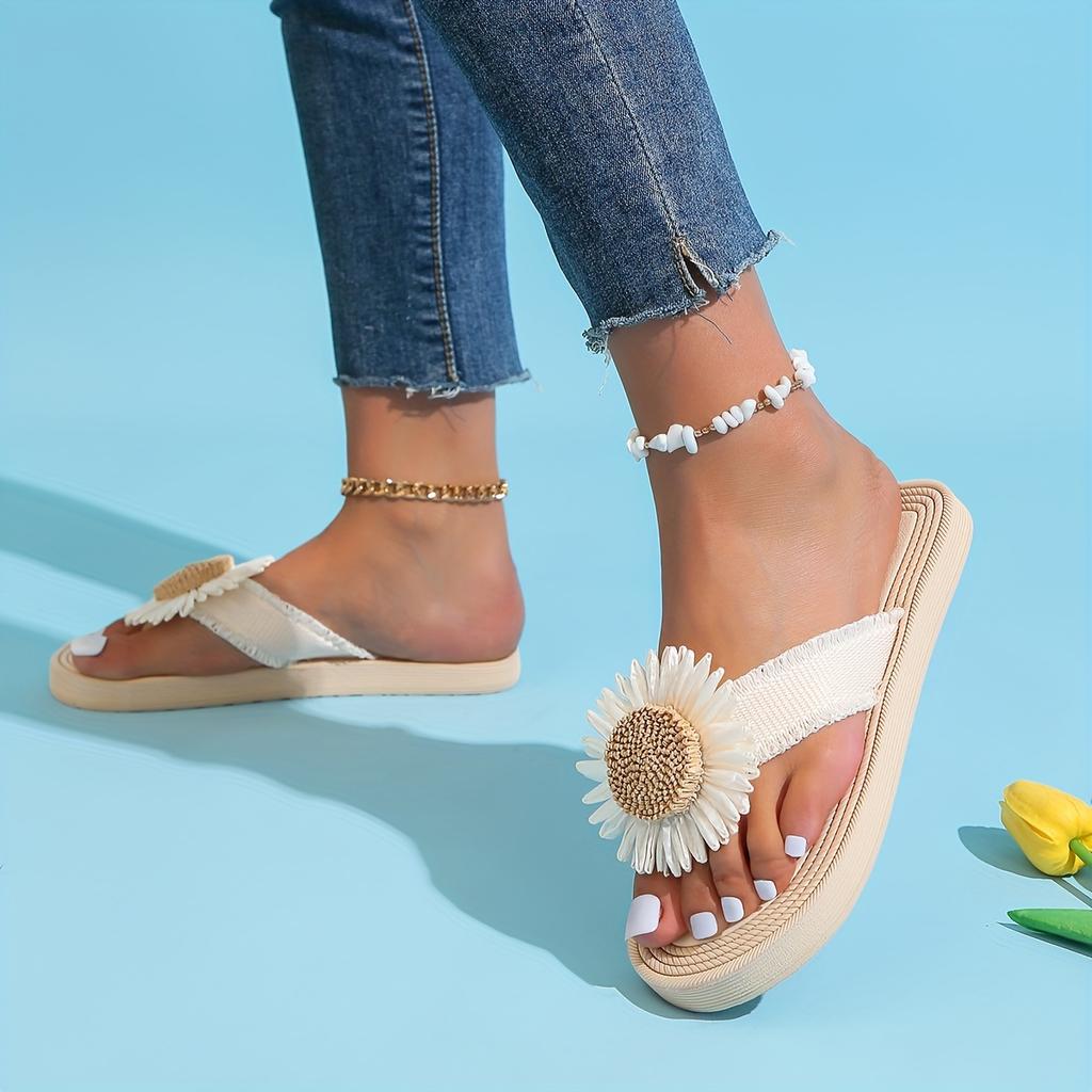 Women's Chrysanthemum Decor Flip Flops, Casual Slip Toe Slide Sandals, Lightweight Beach Shoes