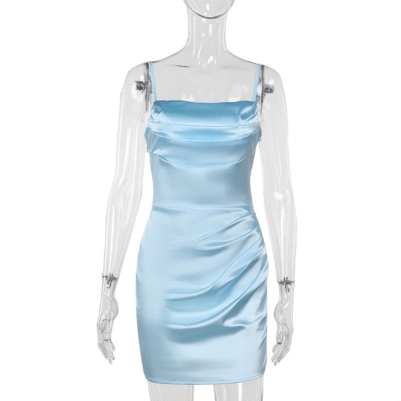 Fall Bag Hip Short Dress Women's Socialite Style Sexy Slim Pleated Satin Slip Dress