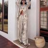 Printed Shirts Two Piece Set Women Long Sleeve Lapel Shirts High Waist Wide Leg Pants Suit for Women Home Wear Outfits Clothing