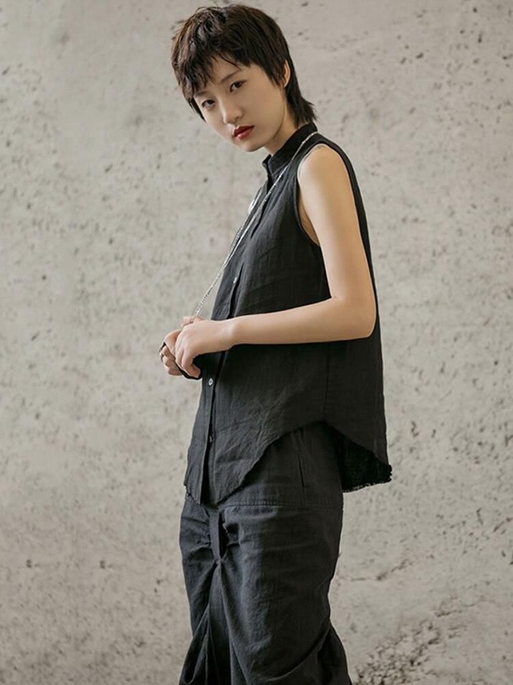 Xitao Bluză fără mâneci pentru femei, subțire, cu guler de in, WLD2034