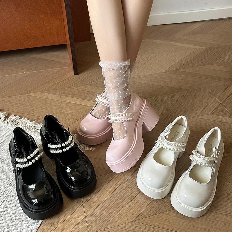 Women's Lolita Style Shoes 2025 French One Pearl Bow Round Toe Chunky Heel Mary Jane Shoes High-heeled Thick-soled Women Shoes