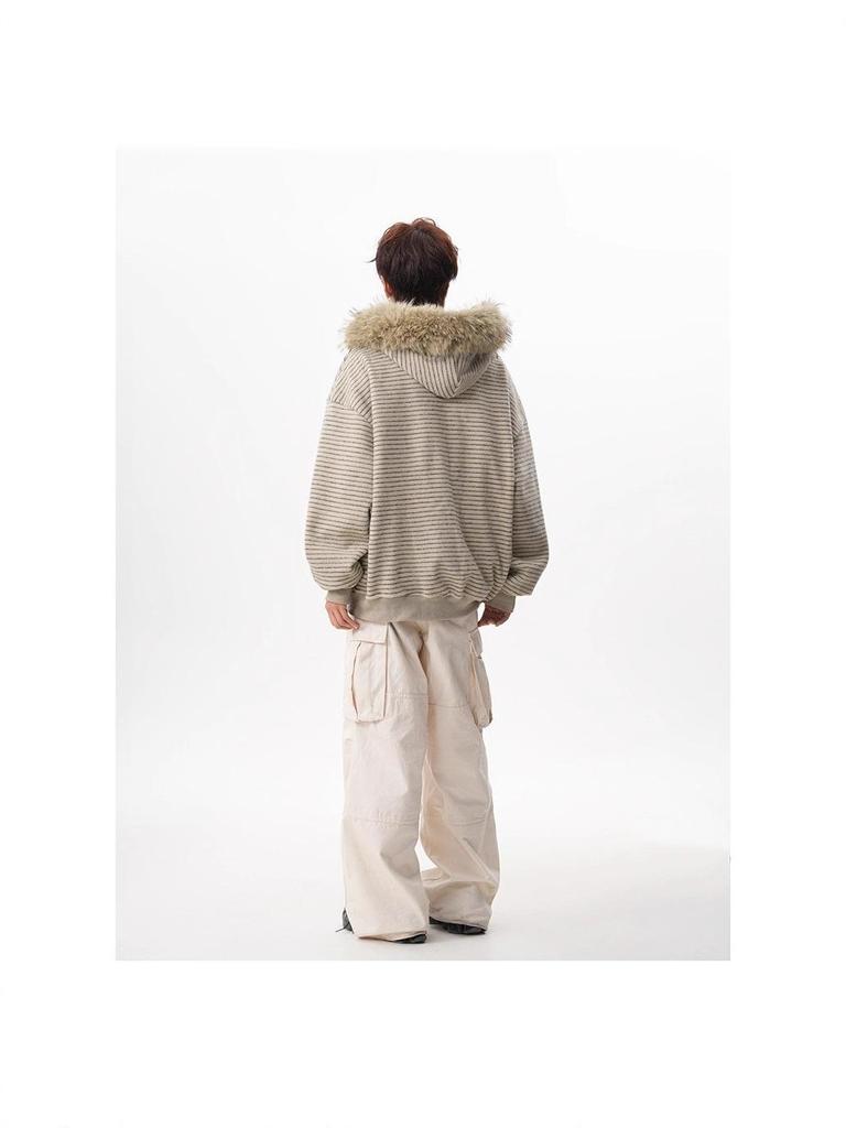 Unisex American Retro Faux Fur Collar Striped Hooded Jacket - Versatile Loose Cardigan for Autumn/Winter