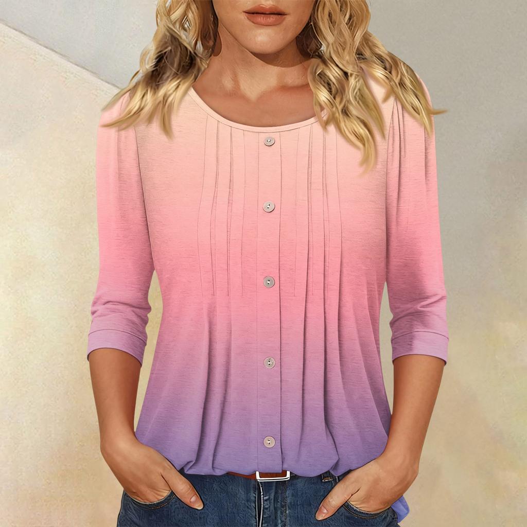 Women's Fashionable Casual Three-quarter Sleeve Button Gradient Round Neck Top
