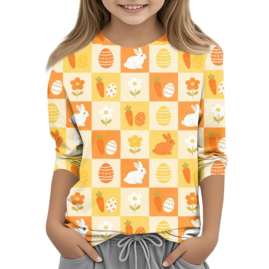 Haut décontracté pour enfants à manches sept-quarts, imprimé Pâques, col rond, imprimé