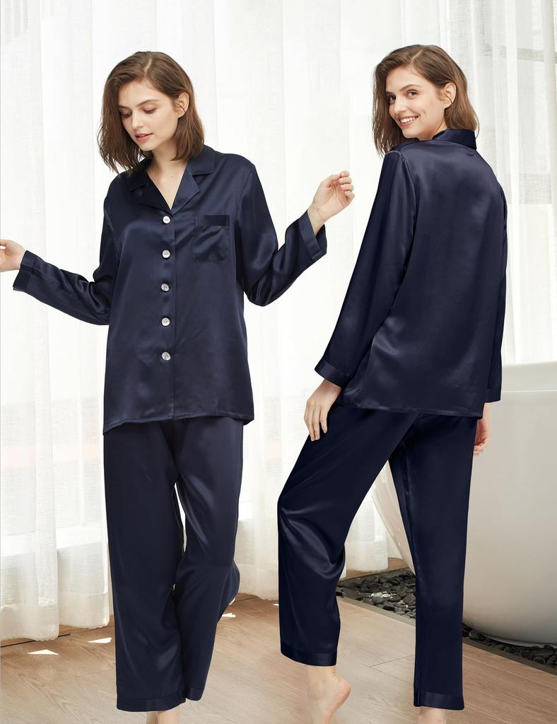 LilySilk Silk Pajama Natural 6A Grade Long Recommended for Sensitive and Dry Comfortable and Size Women's 100% Set, Silk, Silk, Open-Front, Sleeves,