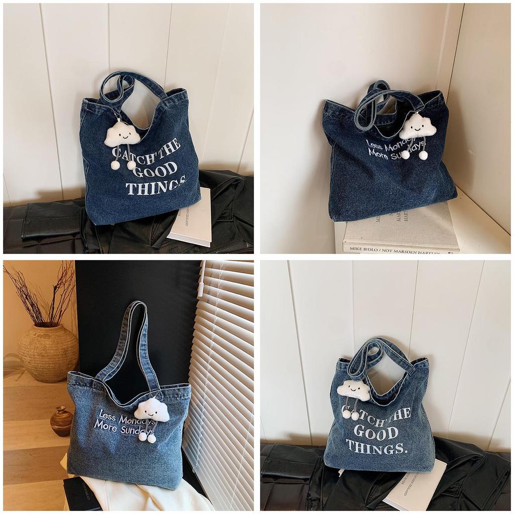 Large Capacity Denim Tote Bag With Car Stitching For Everyday Outfits