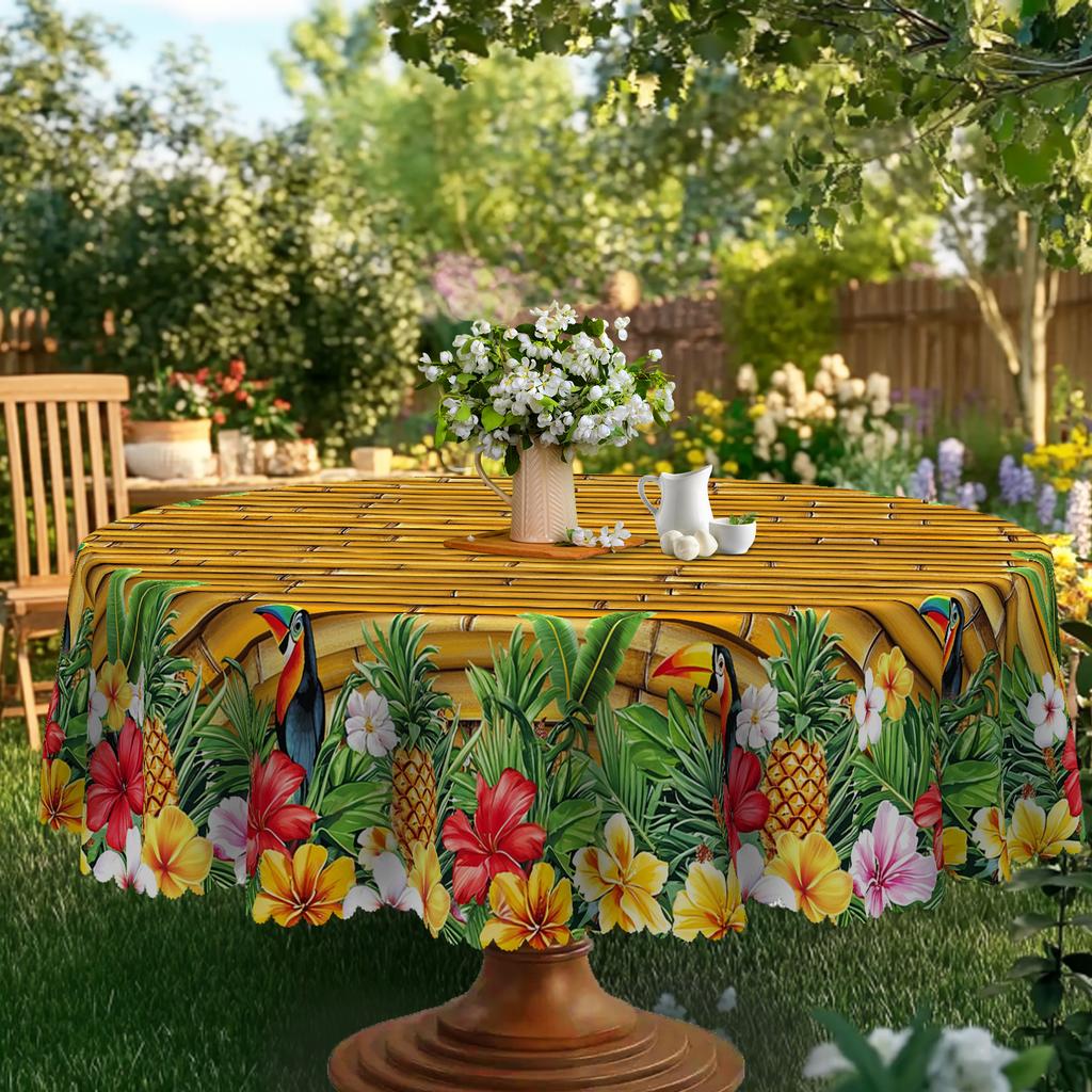 1 Piece Of Summer Hawaiian Style Round Tablecloth, Flower, Bird, Fruit Print Rectangular Tablecloth, Party Tablecloth, Home Table Decoration, Courtyar