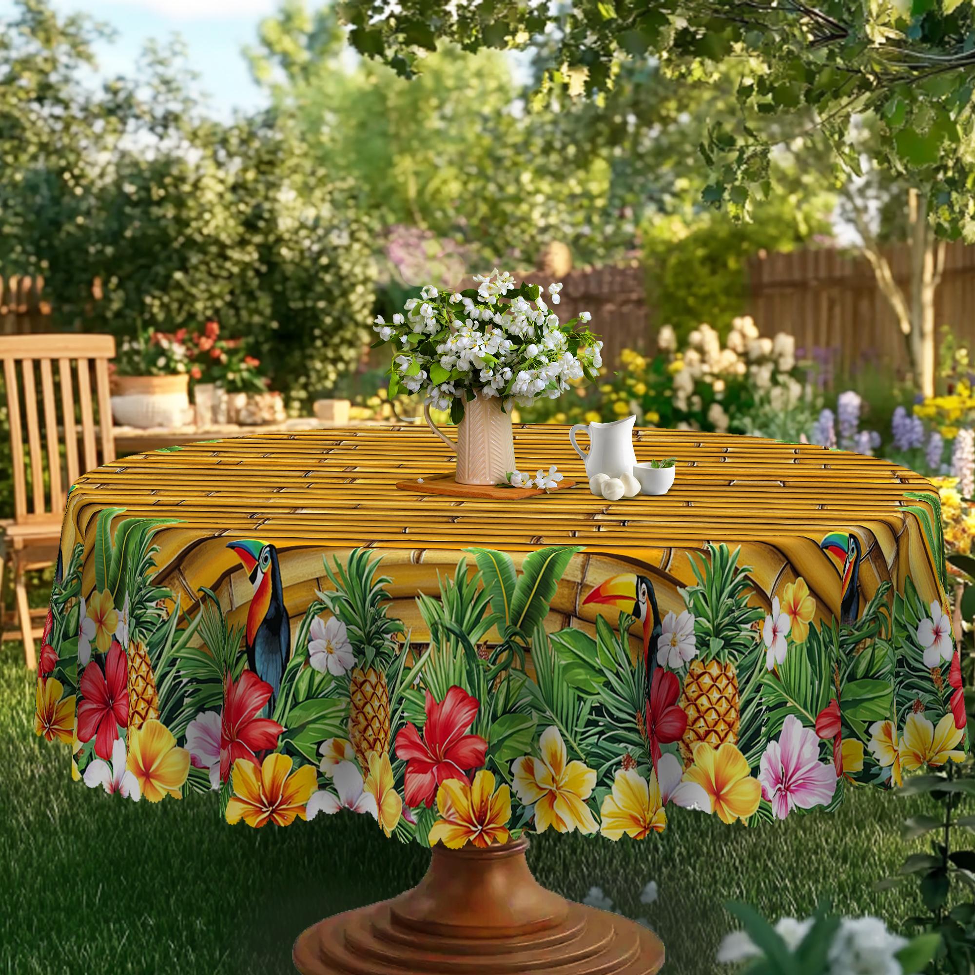 

1 Piece Of Summer Hawaiian Style Round Tablecloth, Flower, Bird, Fruit Print Rectangular Tablecloth, Party Tablecloth, Home Table Decoration, Courtyar Round (152)Cm