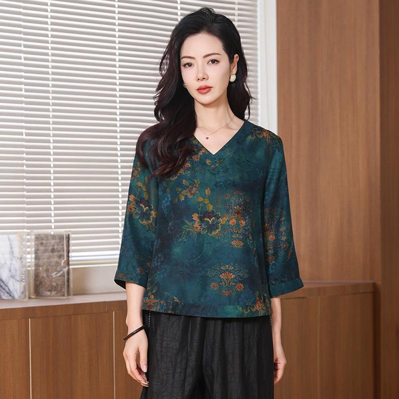 

Элегантный темпераментный цветочный топ из ткани Luo cloud, женский весенне-осенний новый с рукавом семь четвертей, воротником-стойкой, мелким цветочным принтом, рубашка из тутового шелка XXXXL