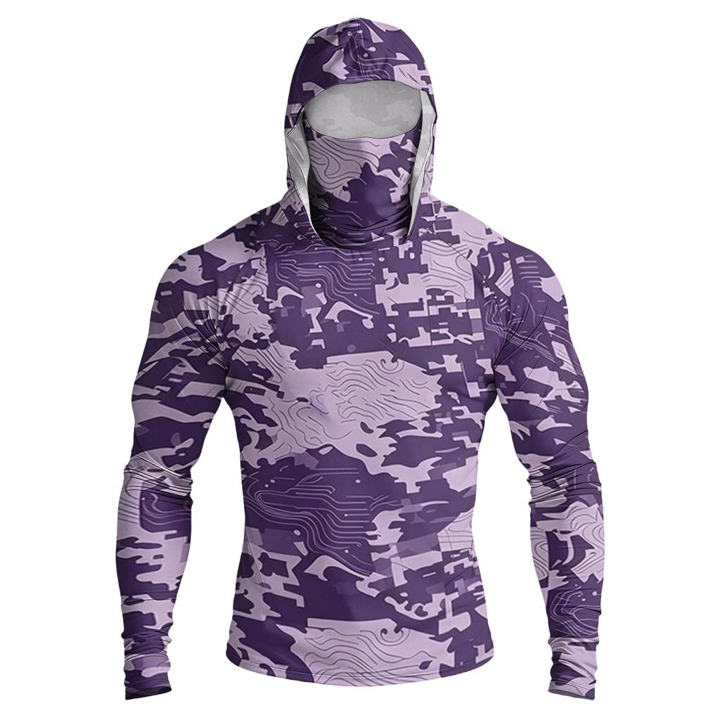 Men's Casual Raglan Sleeve Hooded Long Sleeve Sun Protection Shirt Camouflage Print Lightweight Breathable Outdoor Top