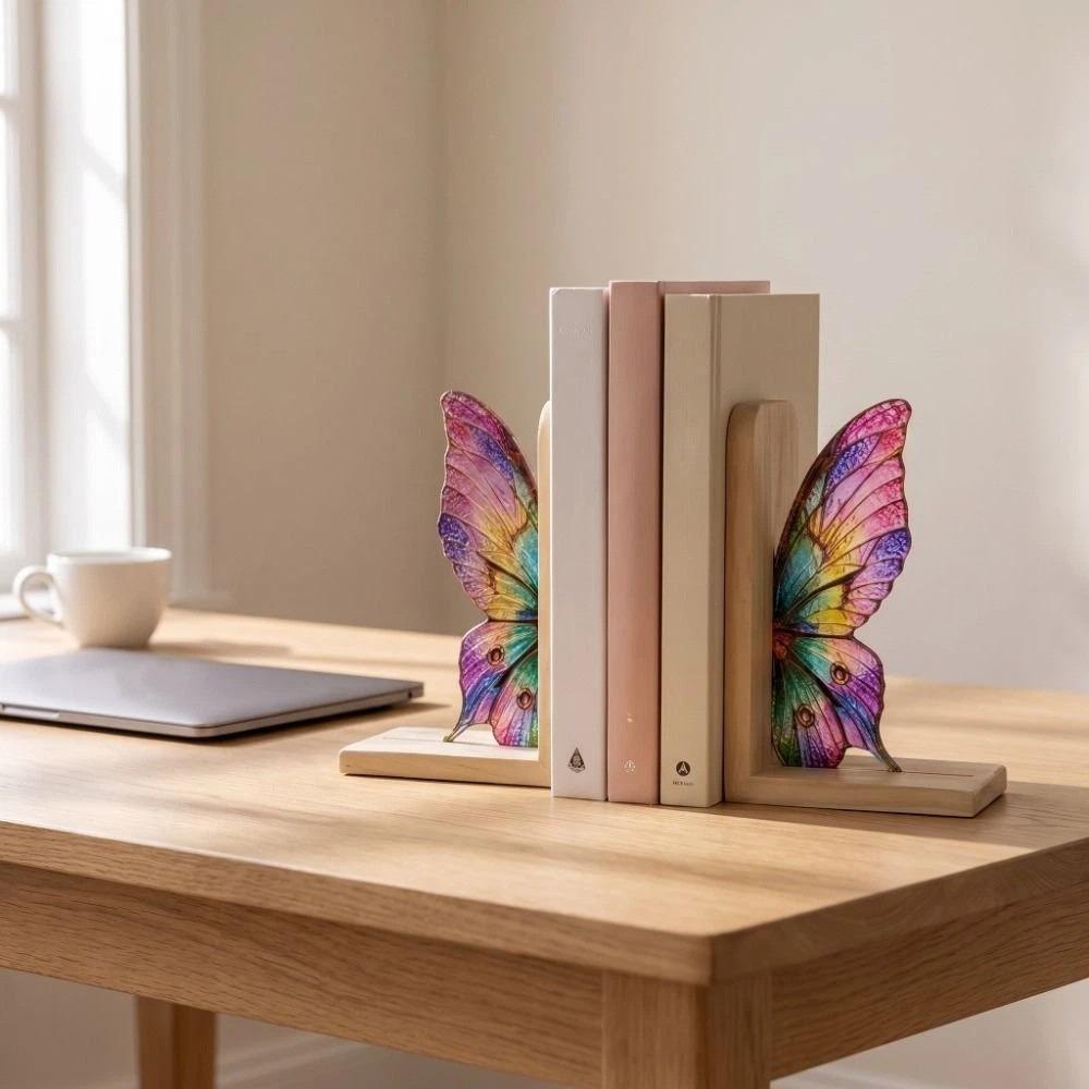 Dekoratives Schmetterlingsflügel-Buchstützen-Set Acryl-Buchstütze mit Sockeln Buch-Dekorationen Büroregal