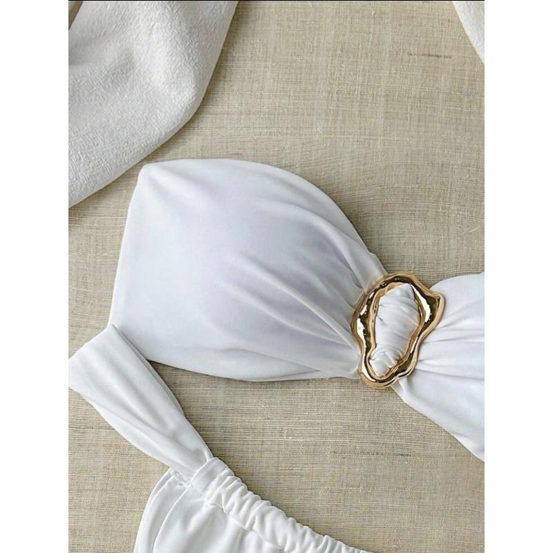 Women S Metal Ring Strapless Solid Color Two Piece Bikini Swimsuit