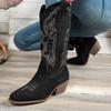 2025 European and American Fashion Autumn and Winter New Spot Medium Heel Women's Leather Boots Foreign Trade Round Head Large Size Embroidered Weste