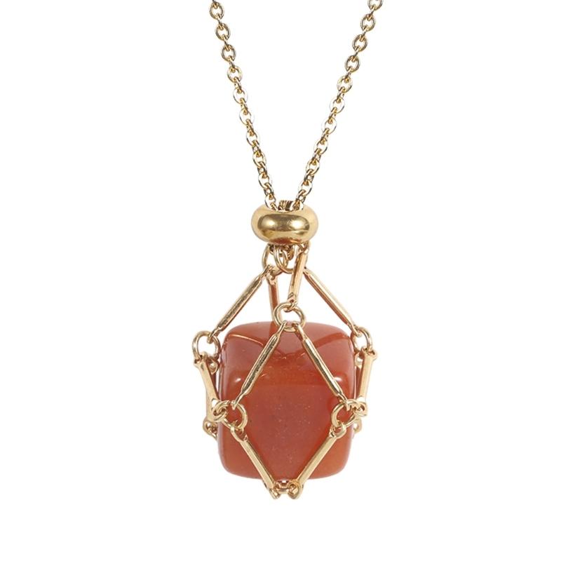 Handcrafted Square Crystal Pendant Necklace With Flexible Bamboo Link Chain And Secure Mesh Cage Setting For Elegant Occasions