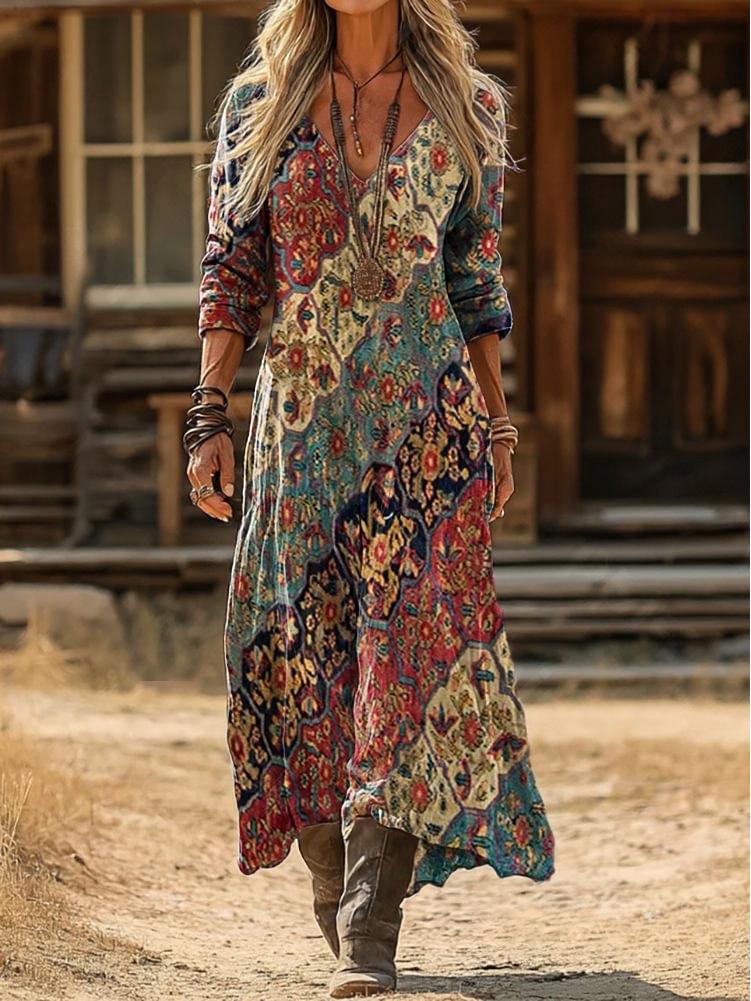 Damen Retro Blumenmuster Langarmkleid - Europäischer & Amerikanischer Stil