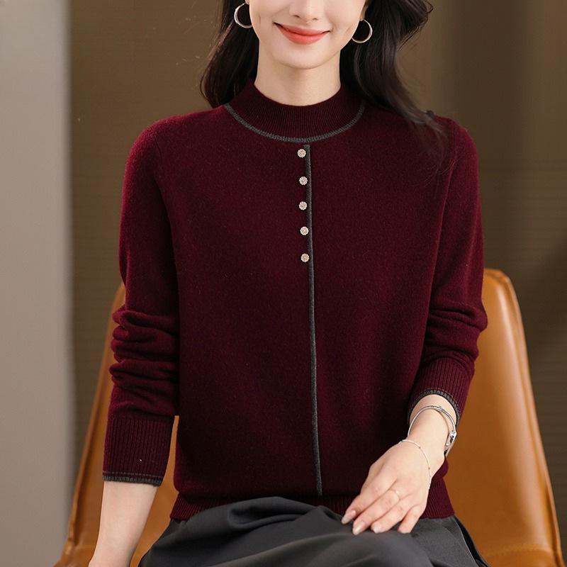 

2025 Autumn/Winter Women s Knit Base Layer: Half-High Neck, Loose, Slimming Fit for Middle-Aged Moms Extra Large вина червоного кольору