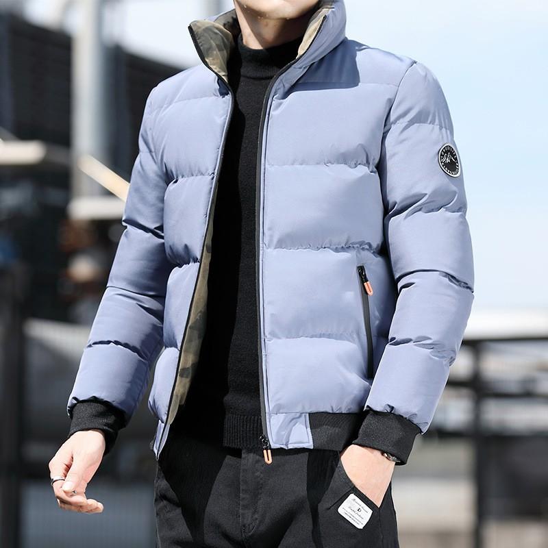 Mens Winter Warm Cotton Puffer Jacket Short Style Stand Collar Loose Fit Zipper Front Daily Wear