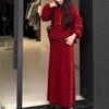 Retro Red Ruffled Knit Skirt Suit for Women - Winter Plus Size Two-Piece, Elegant High-End Style