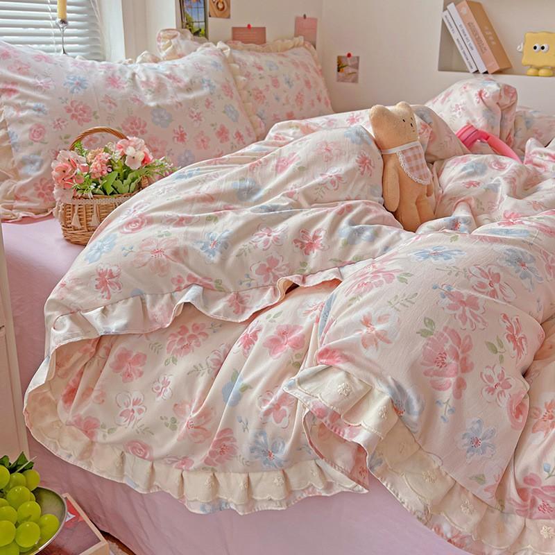 Washed Cotton Double Gauze Bedding Set Floral Ruffle Bed Sheets Bedroom