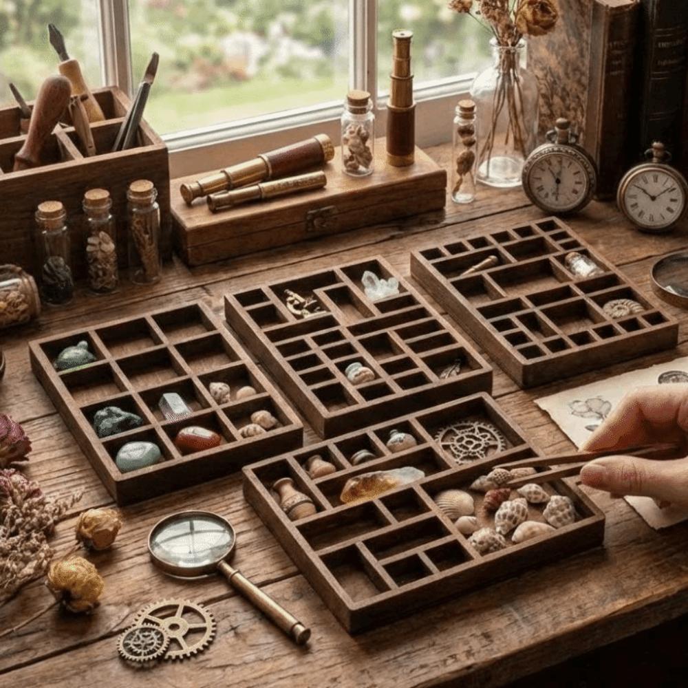 Mini Schmuckhalter aus Holz, Mehrere Fächer, Aufbewahrung für Mineralienproben, Miniatur Schmuckregal, Miniaturkristall