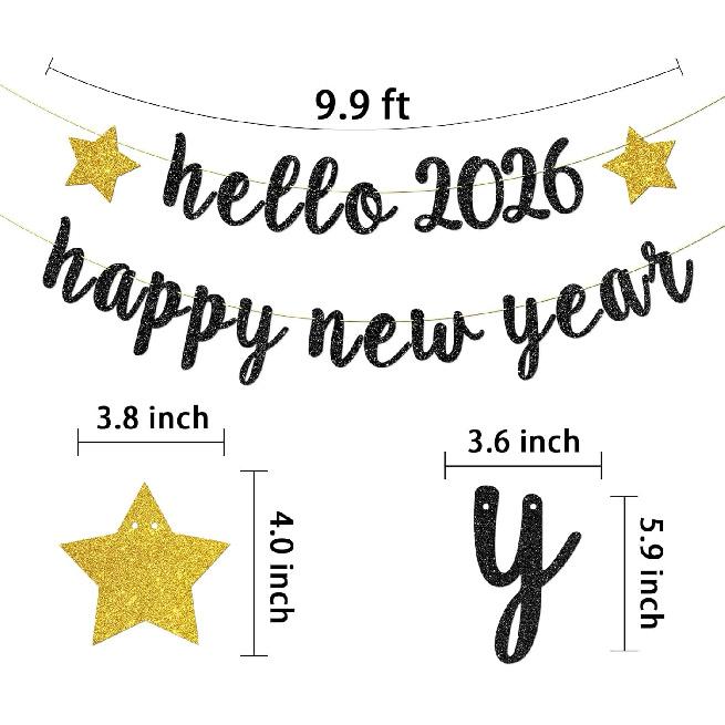 Hello 2026 Banner, Home Office Celebrations Party Decorations Happy New Year Party Hanging Sign New Year's Eve Bunting Supplies Black Glitter